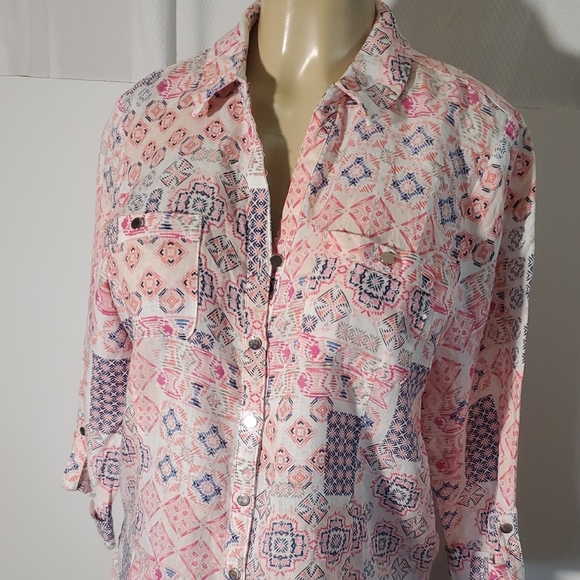 JM Collection 100% Linen Pink and Blue 3/4 Sleeve Button Down Shirt Size 10 - Picture 2 of 12